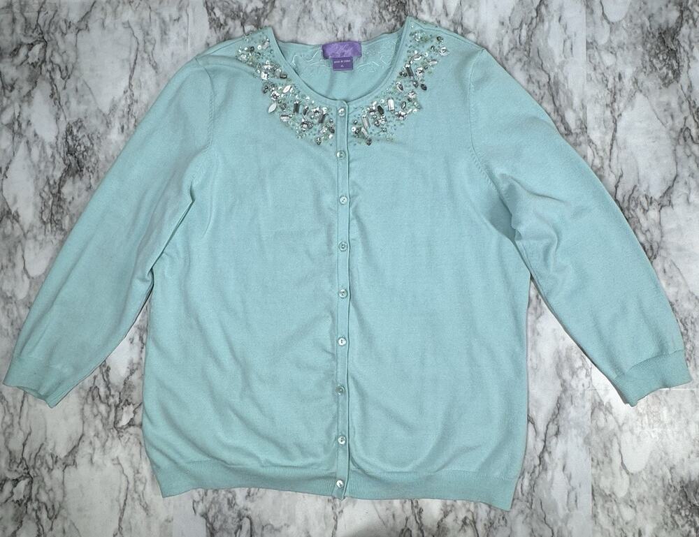 Knit Couture Sweater Womens XS Blue Silk Blend Embellished Cardigan Rhinestone